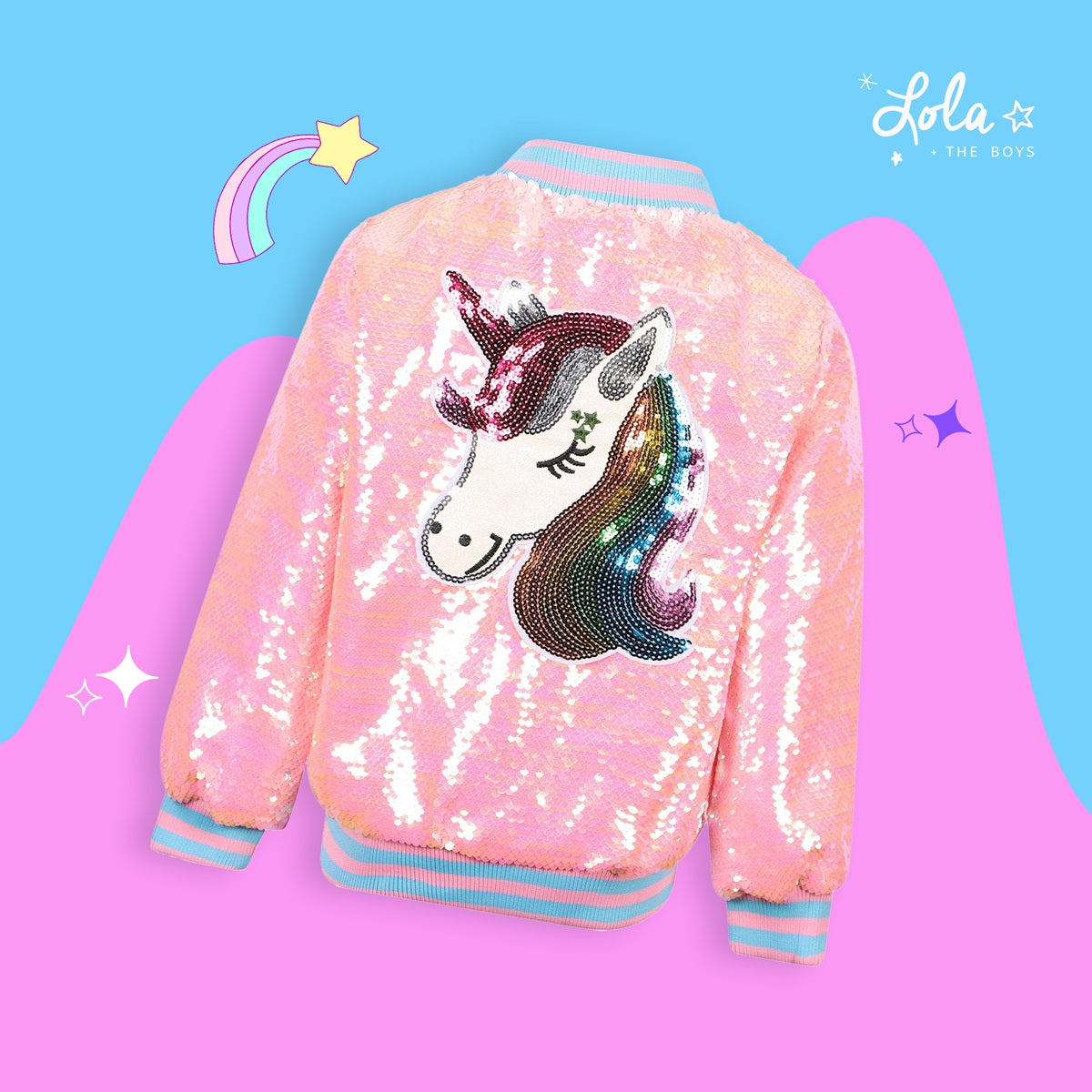 Girl wearing unicorn bomber jacket with sparkle detail
