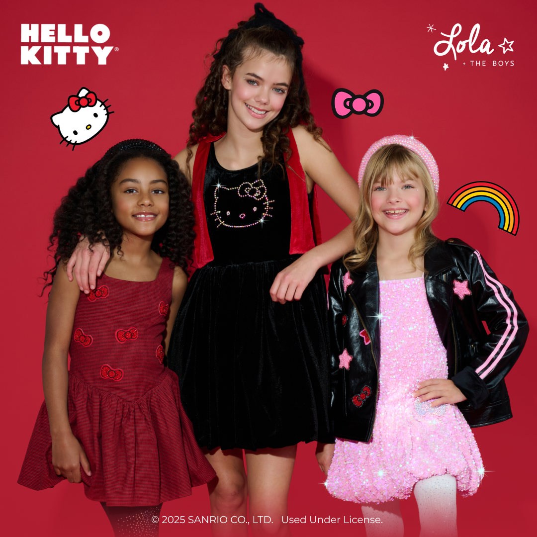 Hello Kitty sequin party dress styled for a winter indoor playdate outfit for kids