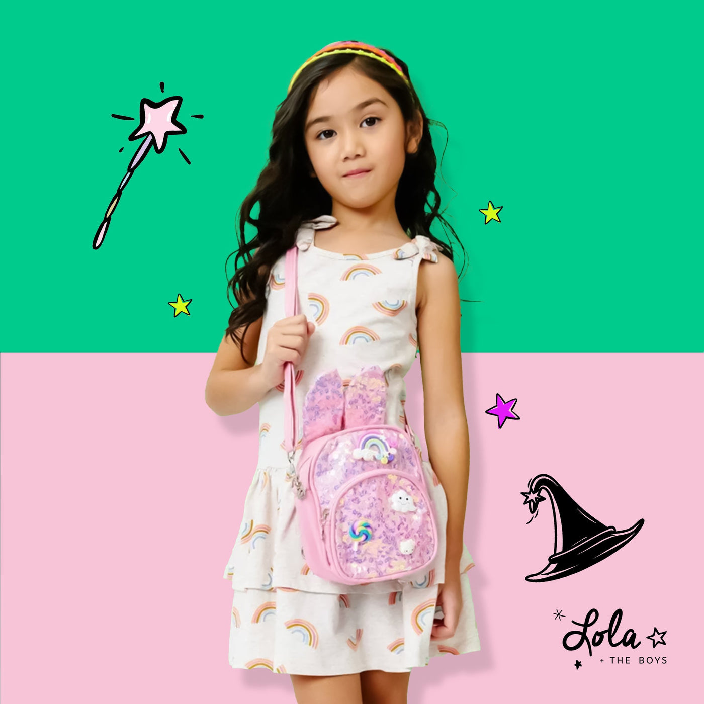 A collection of stylish and sparkly outfits from Lola and the Boys, perfect as Wicked gift ideas for fans of Elphaba and Glinda.