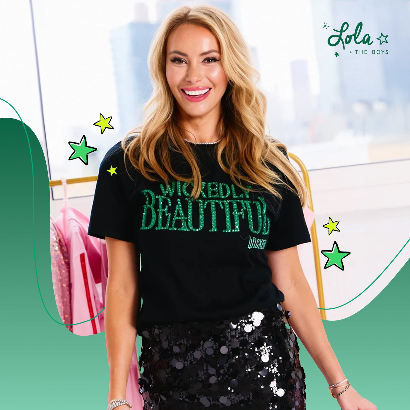 Stylish adult Elphaba costume idea featuring pieces from Lola and the Boys' Wicked-themed collection