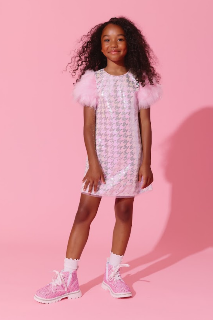 Houndstooth Sequin Feather Sleeve Party Dress