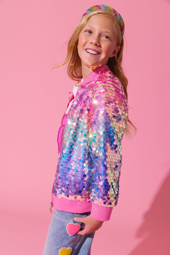 Holographic Rainbow Paillette Bomber