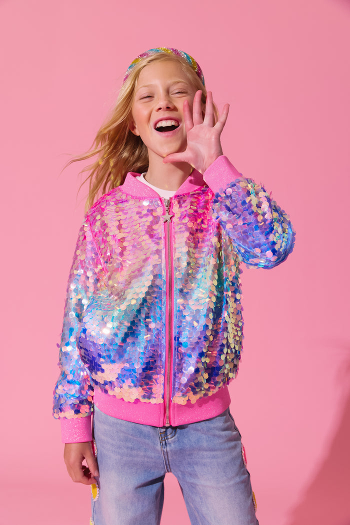 Holographic Rainbow Paillette Bomber