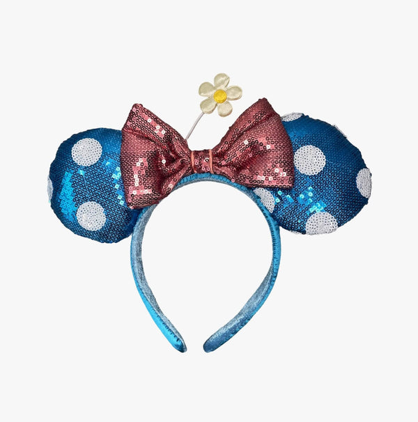 Disney Parks Sequin Minnie Mouse Ears Headband Black White Polka Dot Red Bow