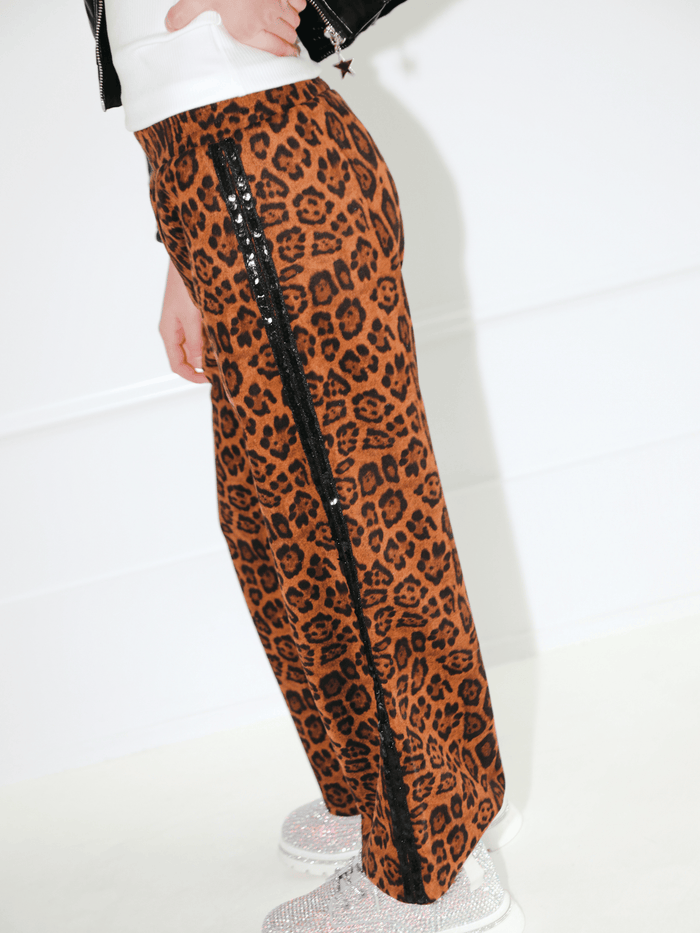 Lola + The Boys Bottoms Leopard Print Sequin Trim Wide Leg Track Pants