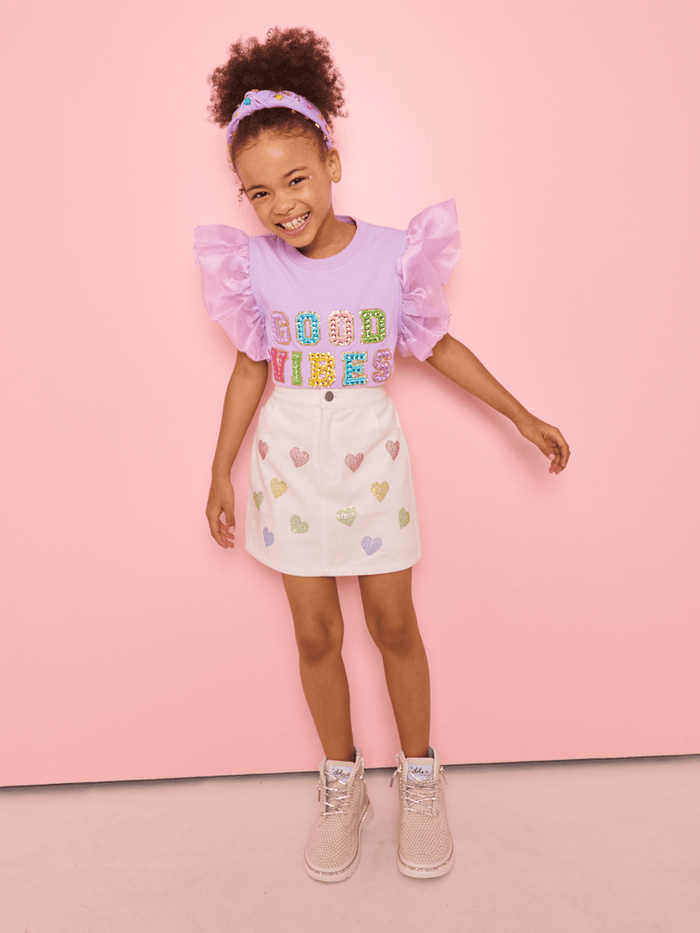 Lola + The Boys Bottoms Rainbow Crystal Hearts Denim Skirt