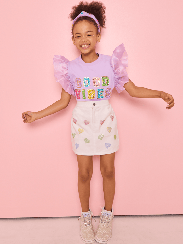 Lola + The Boys Bottoms Rainbow Crystal Hearts Denim Skirt