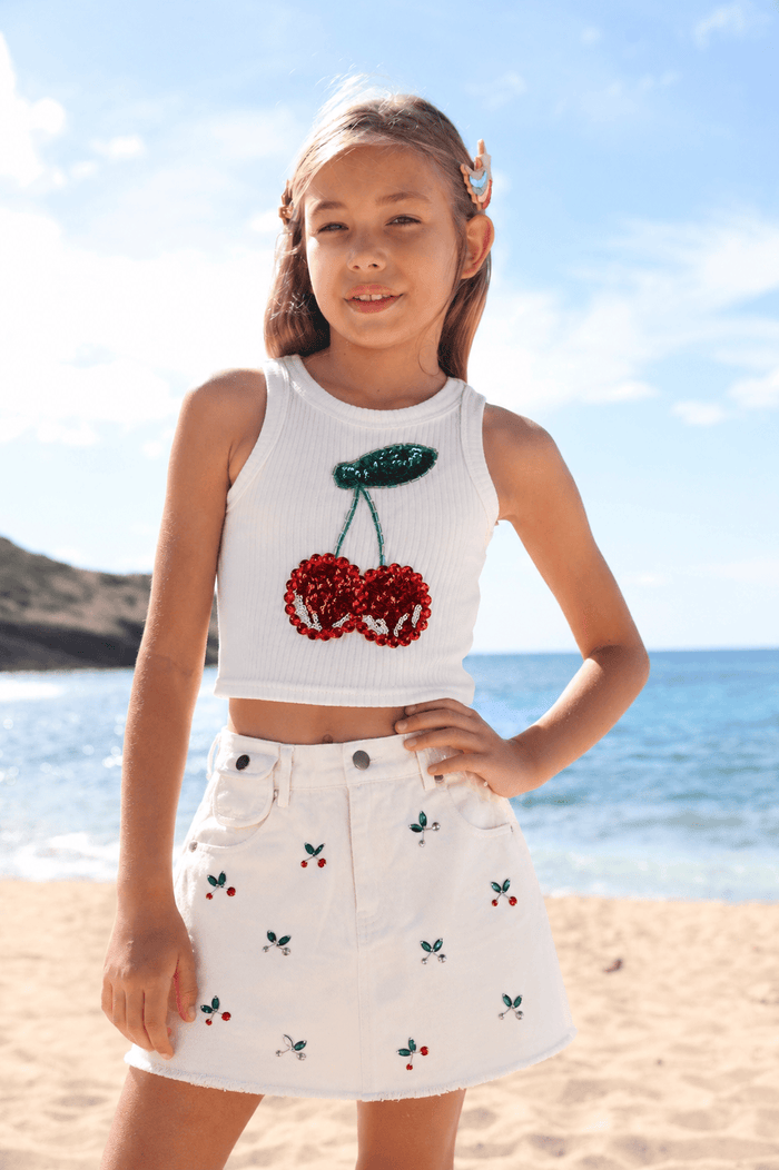 Lola + The Boys Cherry on Top Gem Denim Skirt