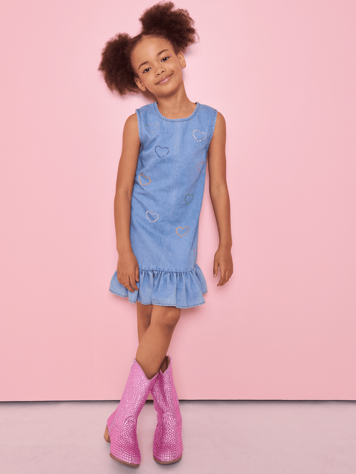 Lola + The Boys Dress Crystal Rainbow Heart Denim Dress
