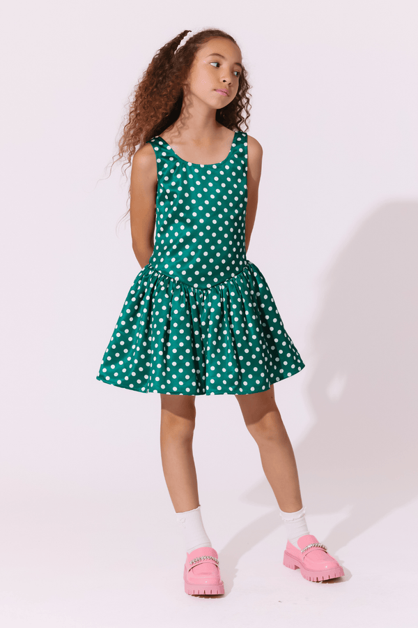 green dress white polka dots Dot Flare Dress, 8 Alexandrite Mini Dress Size This petite dress features Kid US Size:(9/10) tailorSS21