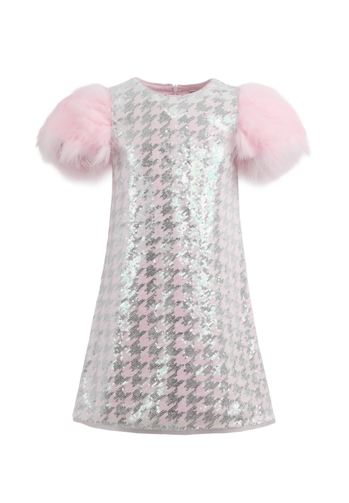 Lola + The Boys Dress Houndstooth Sequin Feather Sleeve Party Dress