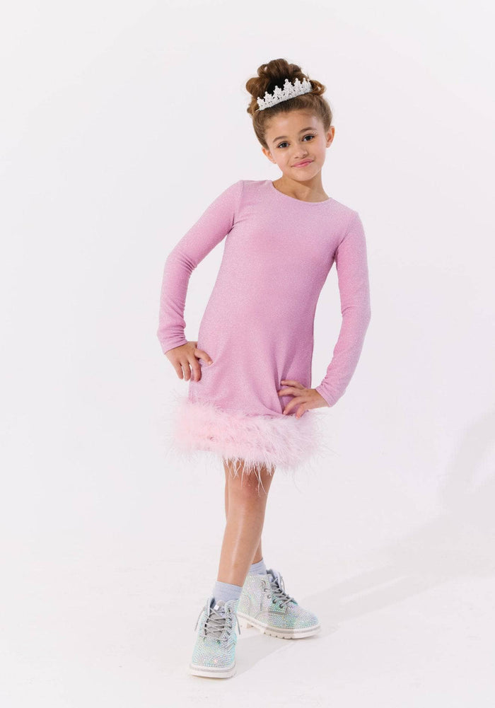 Lola + The Boys Dress Pink Shimmer Feather Dress