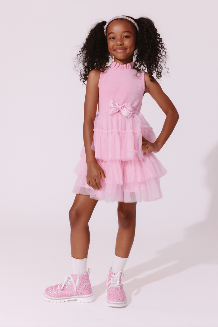 Lola + The Boys Dress Pink Tiered Party Bow Dress