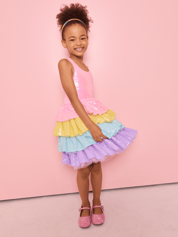 sequin tiered dress Lola + The Boys Rainbow Dream Dress, 14 Size 30 Nude Coast Sequin Tiered Midi