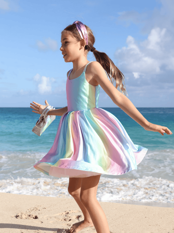 blue dress rainbow Sherbet Dress, 12 Tax Exempt Lucienne Mini Dress - Rental Period:5 Days season wear Cinch waist