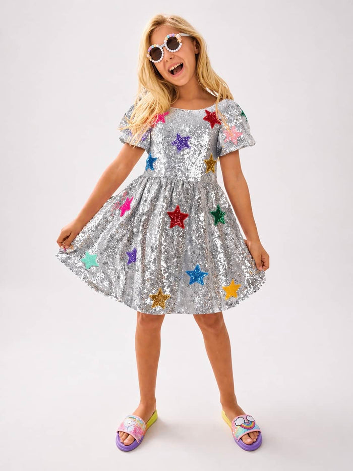 Lola + The Boys Dress Sparkle Rainbow Star Dress