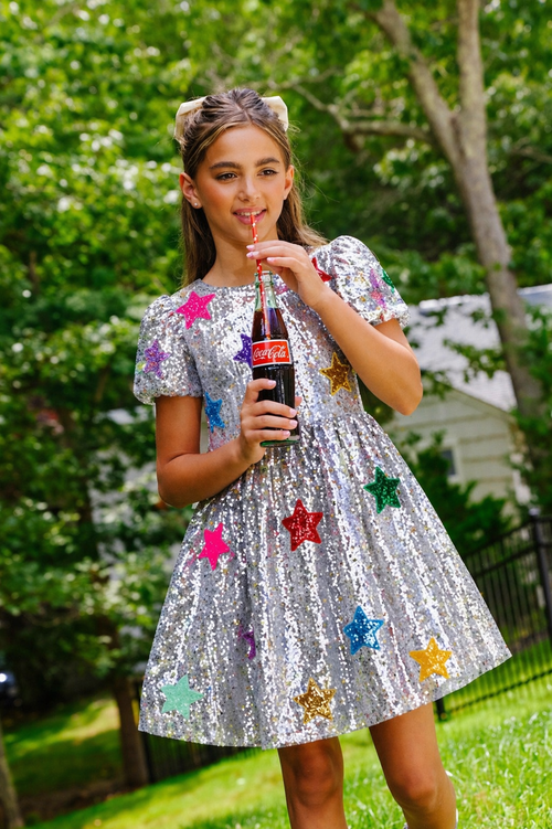 Lola + The Boys Dress Sparkle Rainbow Star Dress