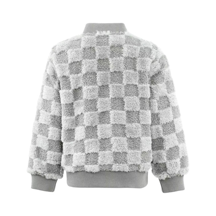 Lola + The Boys Grey Checker Fuzzy Bomber
