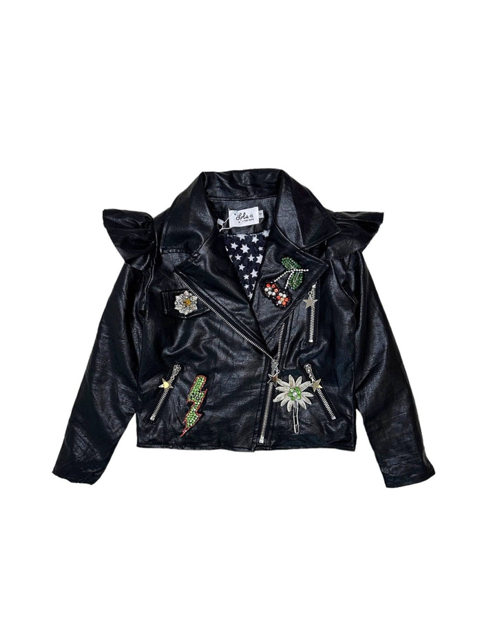 Lola + The Boys Jacket Crystal Patch Ruffle Vegan Leather Jacket