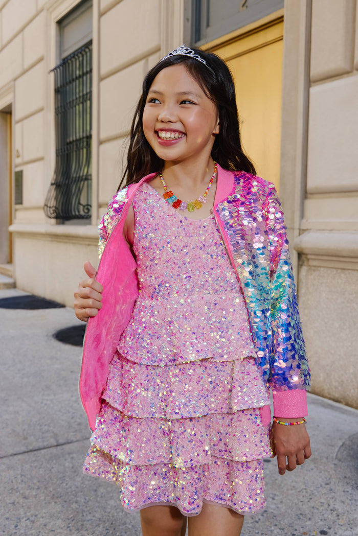 Lola + The Boys Jacket 2 Holographic Rainbow Paillette Bomber
