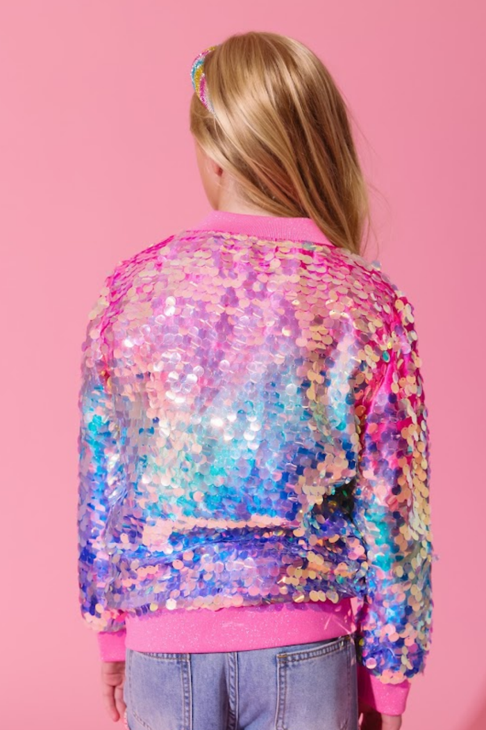 Lola + The Boys Jacket Holographic Rainbow Paillette Bomber