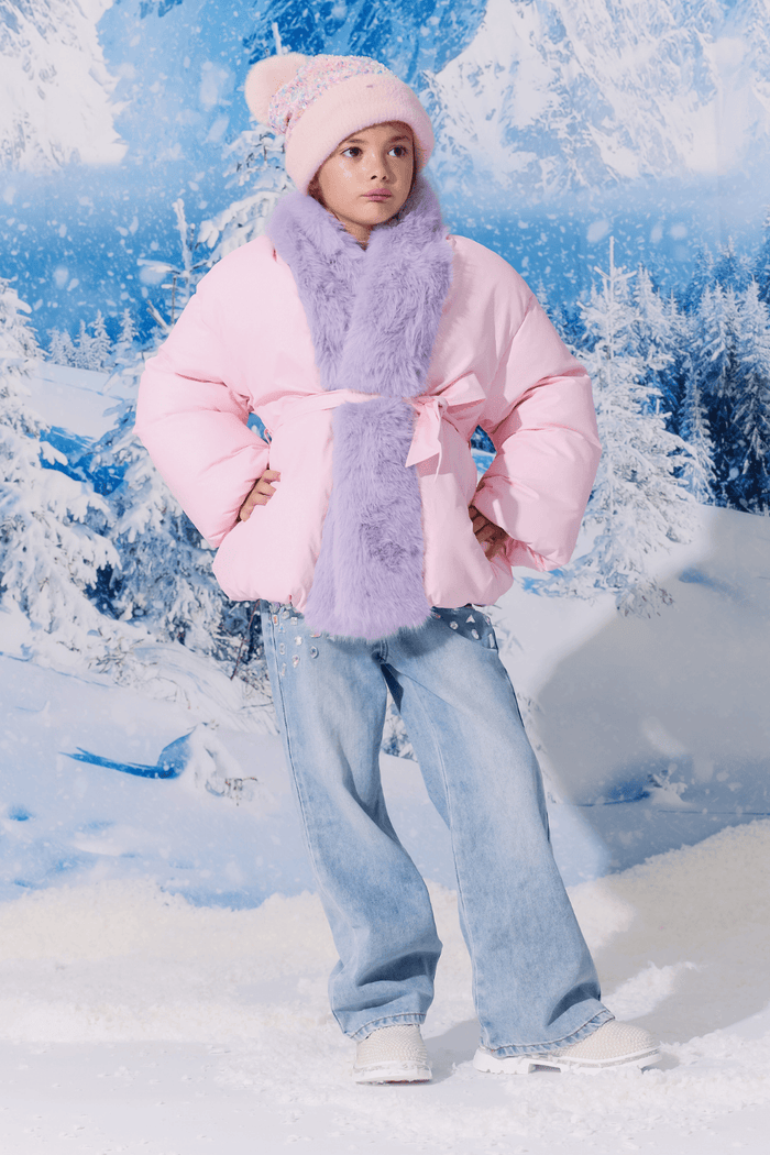 Lola + The Boys Jacket Pink Fuzzy Wrap Puffer