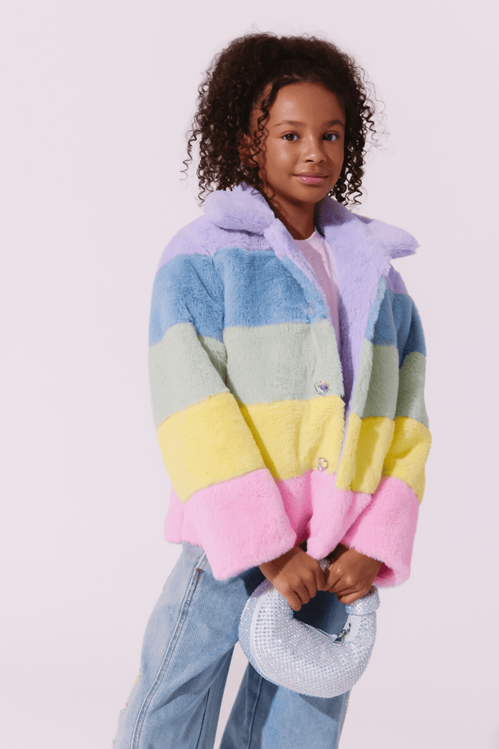 Lola + The Boys Jacket Rainbow Stripe Faux Fur Jacket
