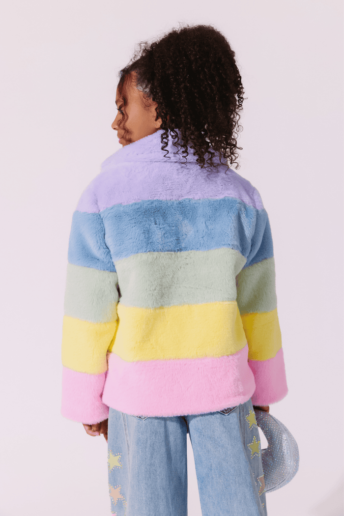 Lola + The Boys Jacket Rainbow Stripe Faux Fur Jacket