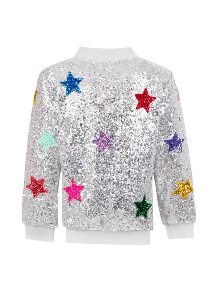 Lola + The Boys Jacket Sparkle Rainbow Star Sequin Bomber