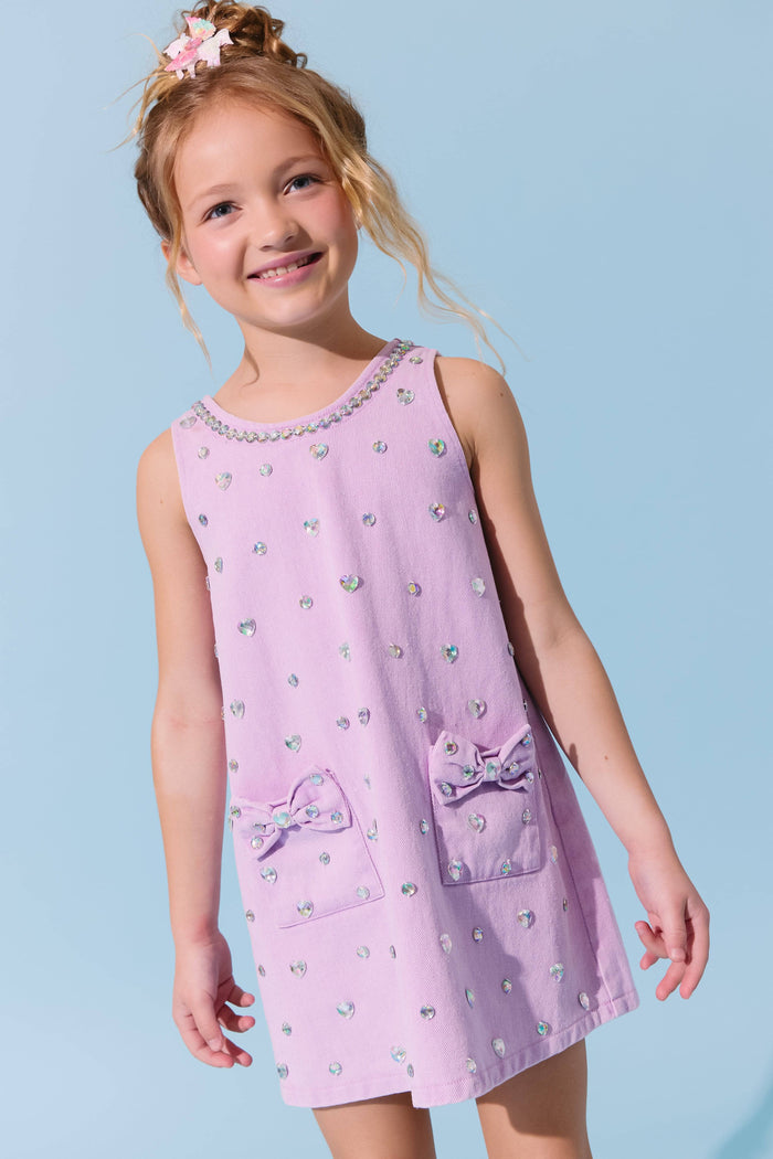 Lola-spring-25 Lavender Crystal Heart Denim Bow Dress
