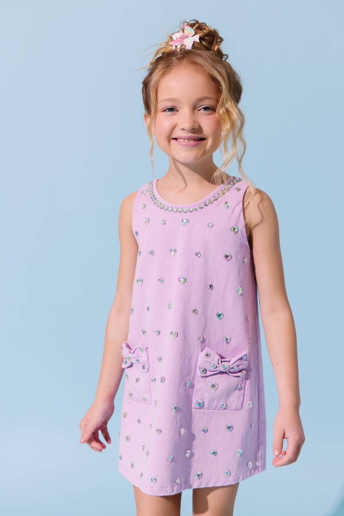 Lola-spring-25 Lavender Crystal Heart Denim Bow Dress