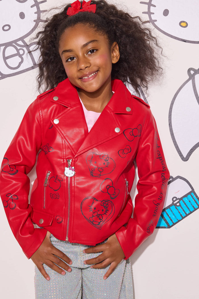 Lola + The Boys Outerwear Hello Kitty Graffiti Biker Jacket Red