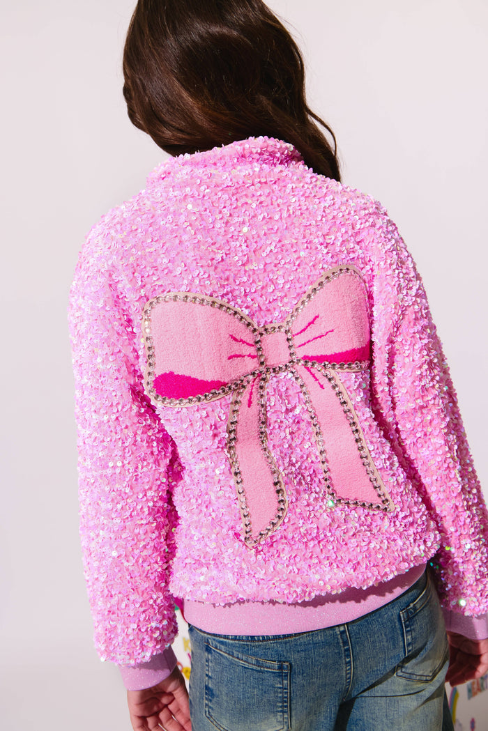Lola + The Boys Outerwear Pretty in Pink Bow Sequin Bomber