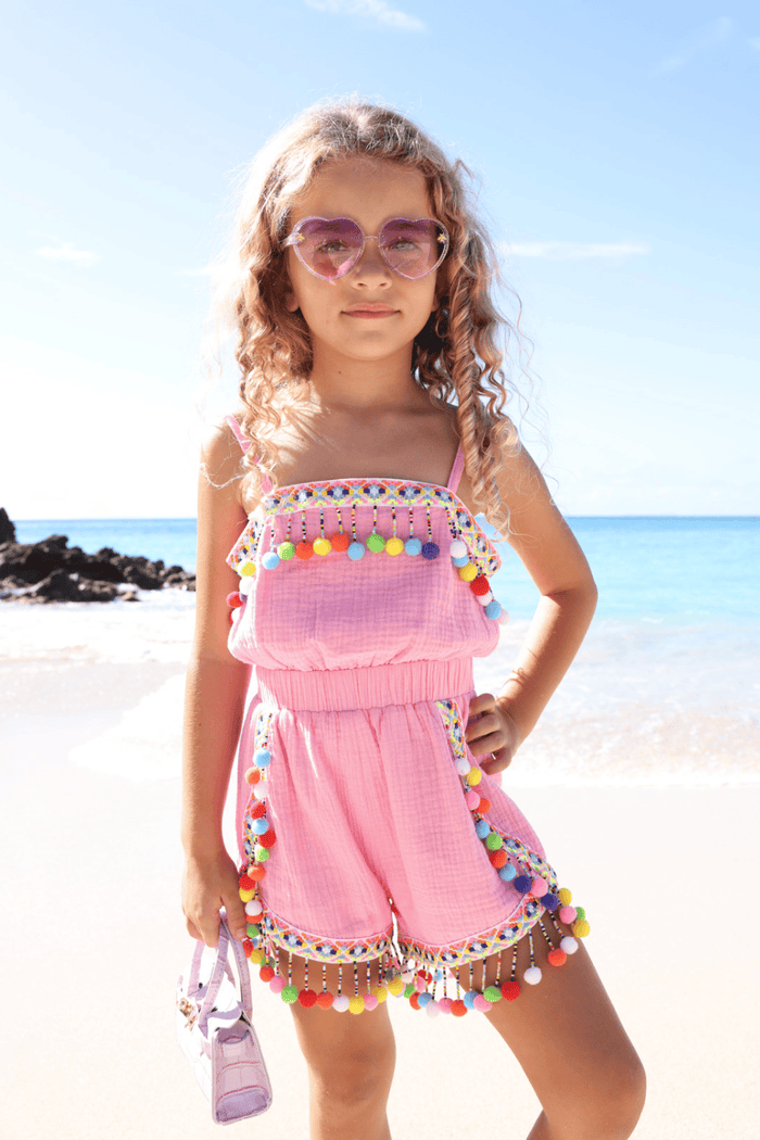 Lola + The Boys 2 Pink Rainbow Pom Pom Romper