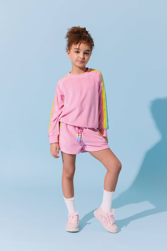 Lola-spring-25 Pink Rainbow Sequin Stripe Short Set
