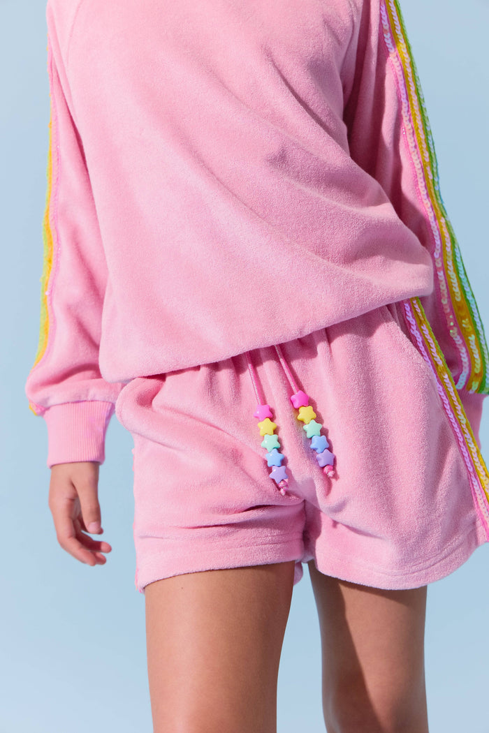 Lola-spring-25 Pink Rainbow Sequin Stripe Short Set