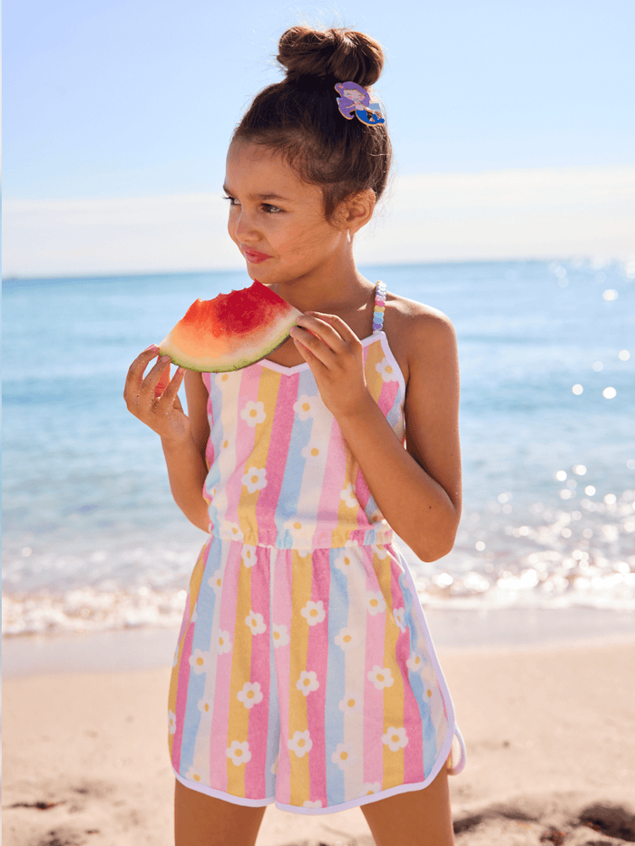 Lola + The Boys Rainbow Daisy Beaded Hearts Romper