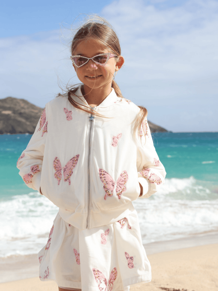 Lola + The Boys Sequin Butterfly Velour Bomber