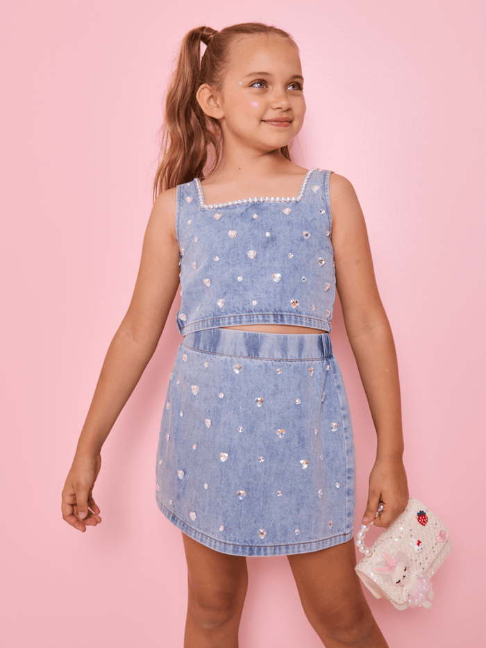 Lola + The Boys Sets 2 Crystal Heart Denim Skirt Set