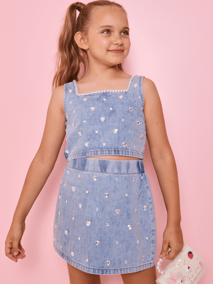 Lola + The Boys Sets Crystal Heart Denim Skirt Set