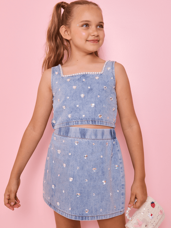Lola + The Boys Sets Crystal Heart Denim Skirt Set
