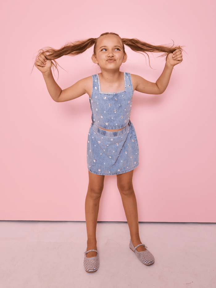 Lola + The Boys Sets Crystal Heart Denim Skirt Set