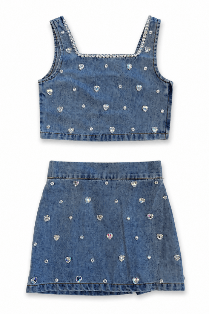 Lola + The Boys Sets Crystal Heart Denim Skirt Set