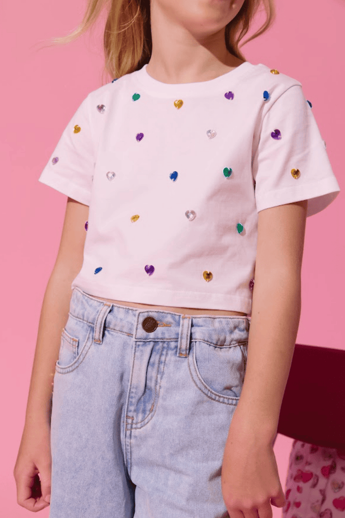 Lola + The Boys Tops 4 / White Confetti Gem Crop T-shirt