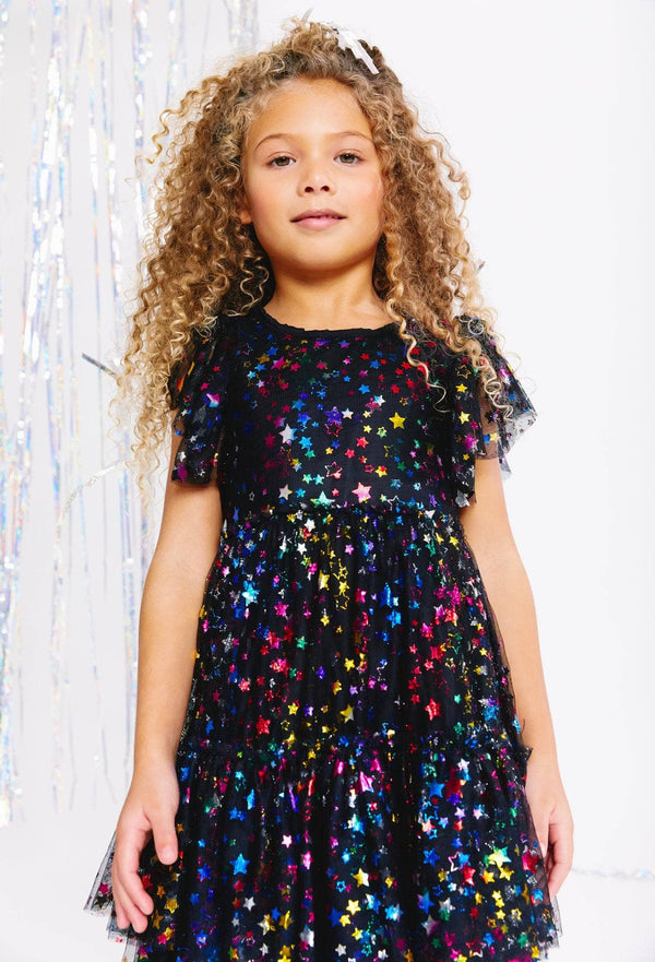 black dress with rainbow sequins Camille B Dress Rainbow Stripe Sequin