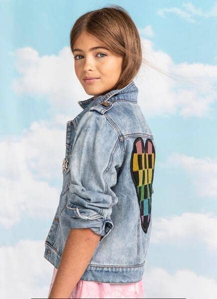 Lola + The Boys Beaded Crystal Fruit Crop Denim Jacket