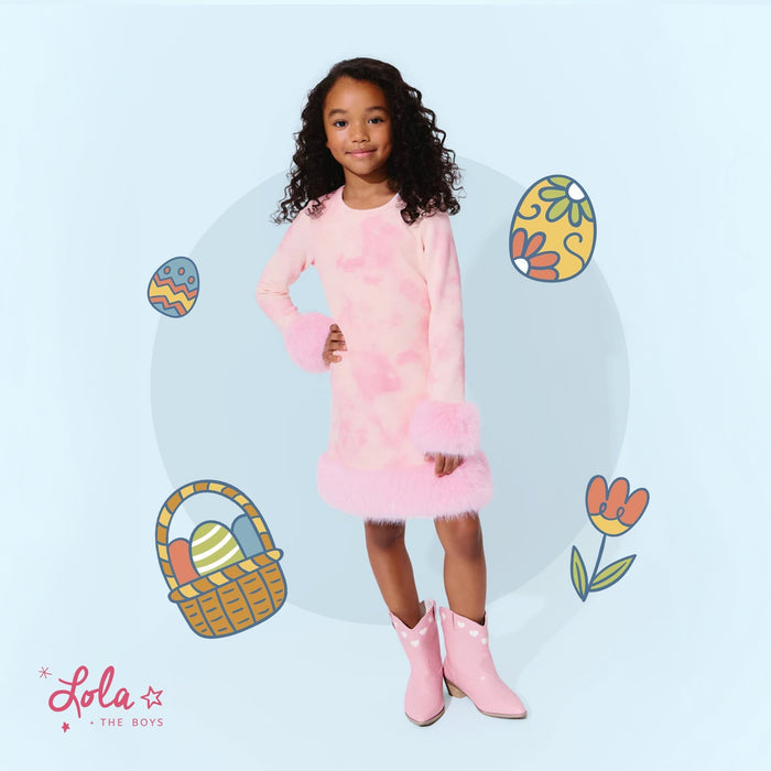 Happy family in spring pastel outfits having fun on camera for easter outfit photoshoot ideas with kids and teens