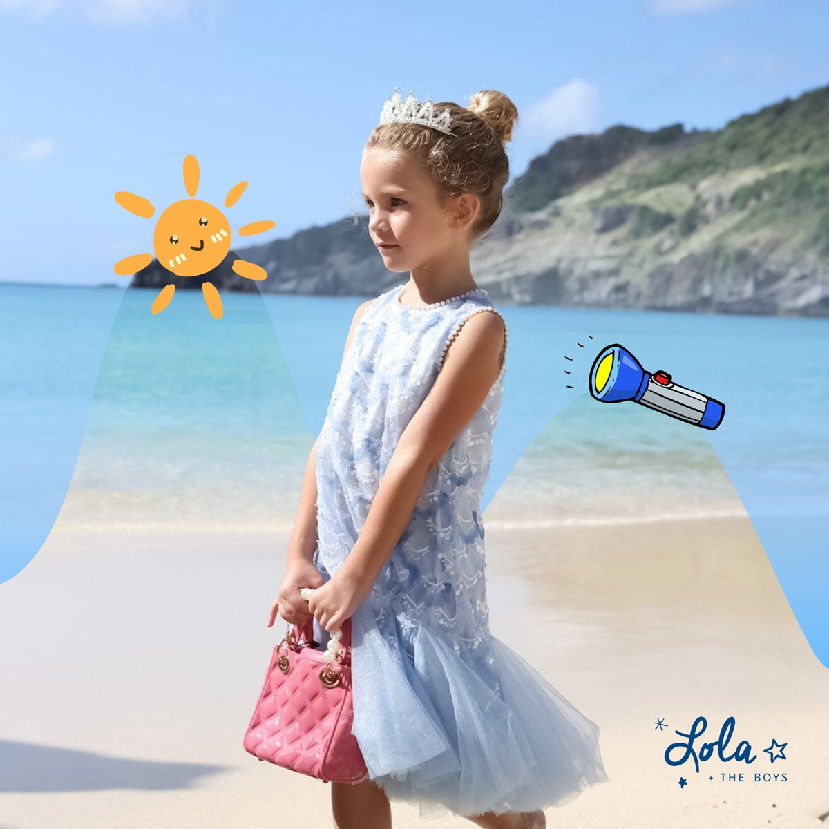 Family wearing coordinated camp style outfits around a campfire