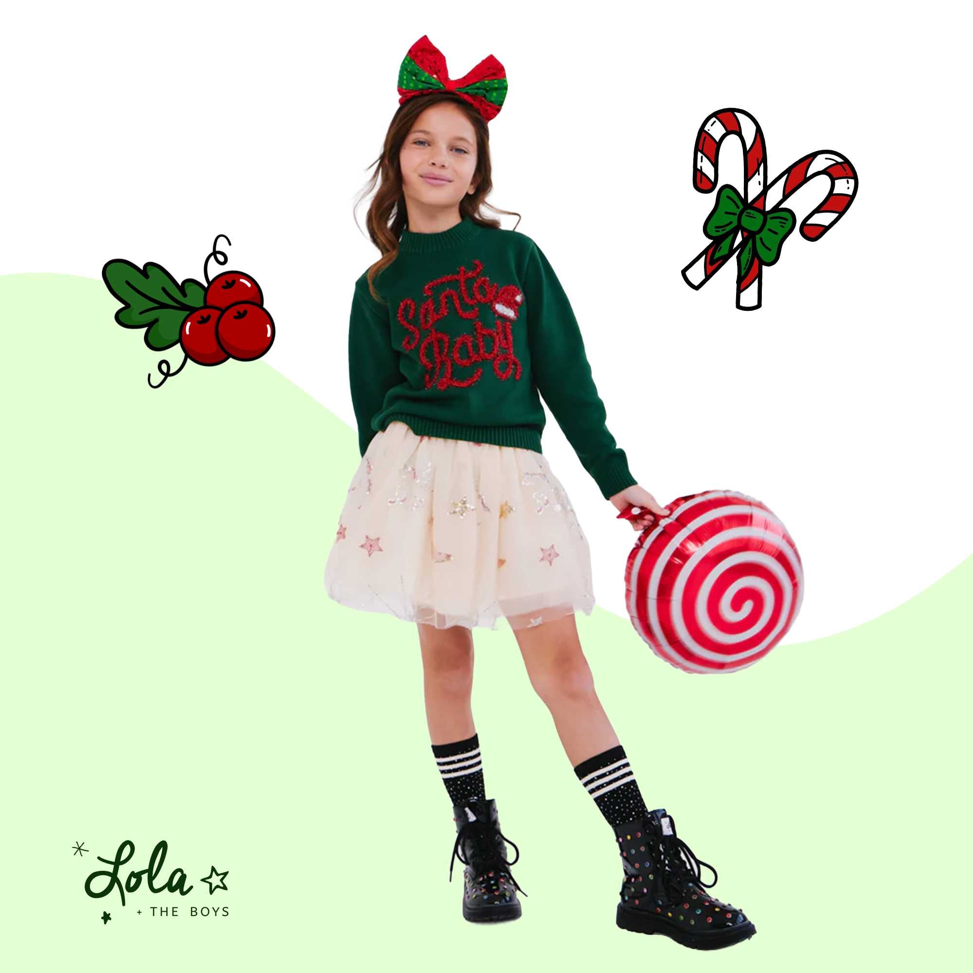Girl wearing sequin jacket and tutu skirt outfit for holiday photos