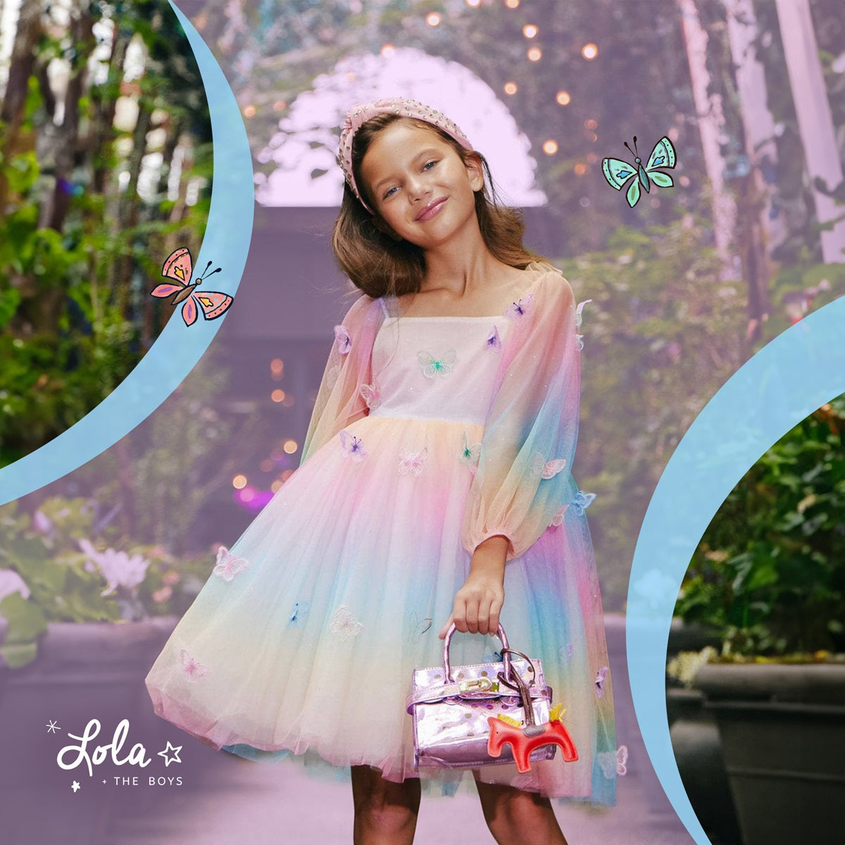 Girl twirling in a sparkly long sleeve dress from Lola and the Boys
